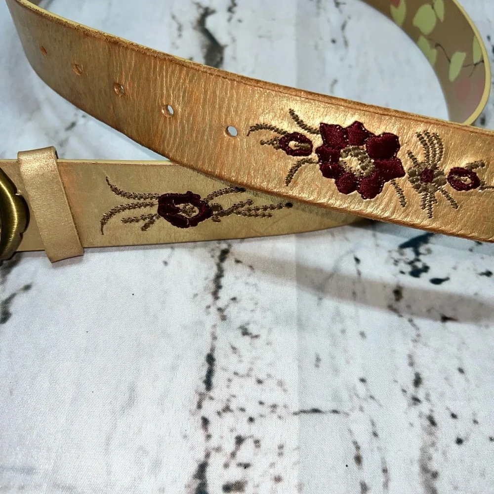 Boho‎ Embroidered Leather Belt with Floral Stitching & Antique Brass Buckle